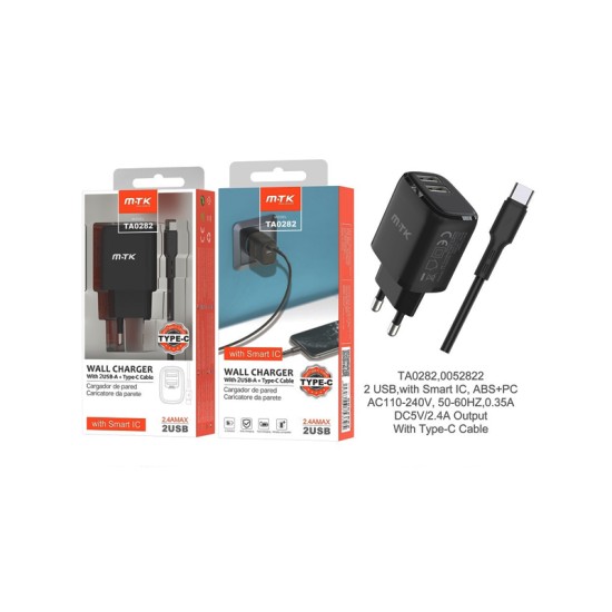 CARREGADOR ADAPTADOR RÁPIDO MTK TA0282 NE COM CABO TIPO C E CHIP DE RECONHECIMENTO INTELIGENTE 2 PORTAS USB 2.4A MÁX. PRETO